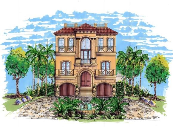 Coastal, Contemporary, Florida, Mediterranean House Plan 71508 with 3 Beds, 4 Baths, 4 Car Garage Elevation
