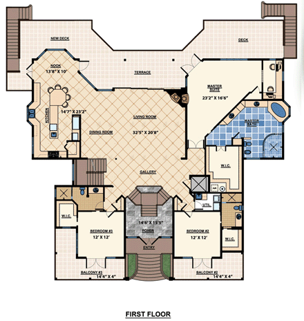 Coastal, Contemporary, Florida, Mediterranean House Plan 71509 with 3 Beds, 4 Baths, 4 Car Garage First Level Plan