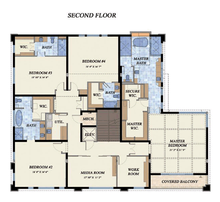 Florida House Plan 71511 with 4 Beds, 5 Baths, 3 Car Garage Second Level Plan