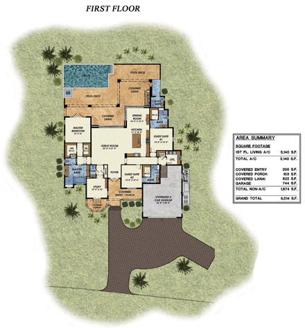 Florida House Plan 71512 with 3 Beds, 5 Baths, 2 Car Garage First Level Plan