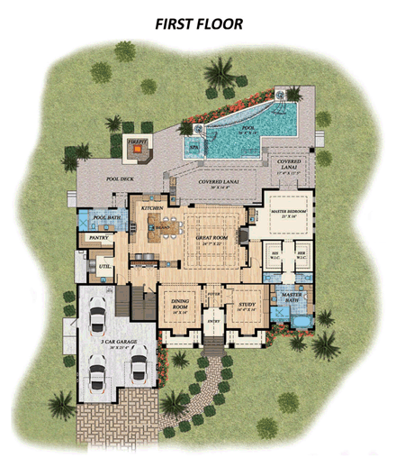 Florida House Plan 71514 with 4 Beds, 5 Baths, 3 Car Garage First Level Plan