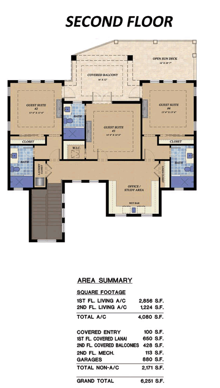 Florida House Plan 71514 with 4 Beds, 5 Baths, 3 Car Garage Second Level Plan