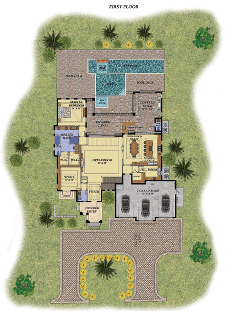 Florida House Plan 71515 with 4 Beds, 6 Baths, 3 Car Garage First Level Plan