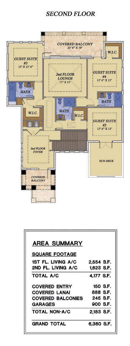 Florida House Plan 71515 with 4 Beds, 6 Baths, 3 Car Garage Second Level Plan