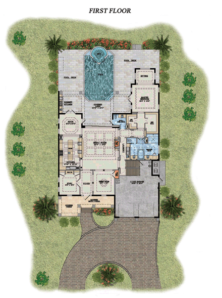 Florida House Plan 71516 with 4 Beds, 5 Baths, 2 Car Garage First Level Plan