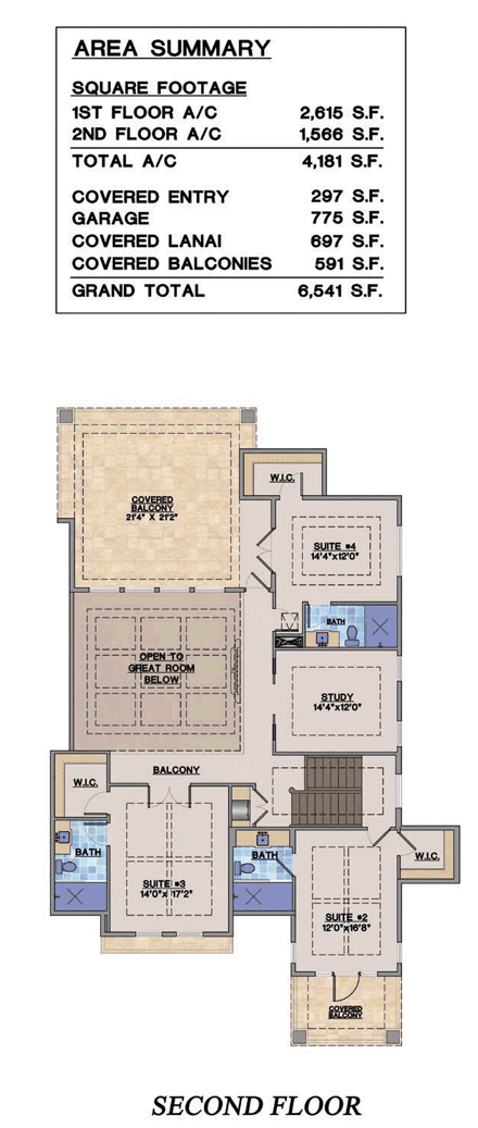 Florida House Plan 71516 with 4 Beds, 5 Baths, 2 Car Garage Second Level Plan