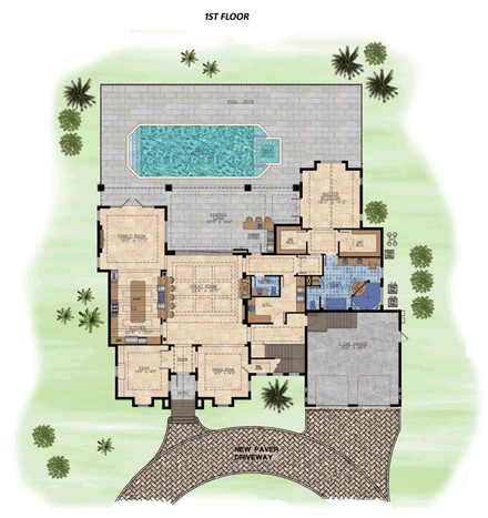 Florida House Plan 71519 with 4 Beds, 5 Baths, 2 Car Garage First Level Plan