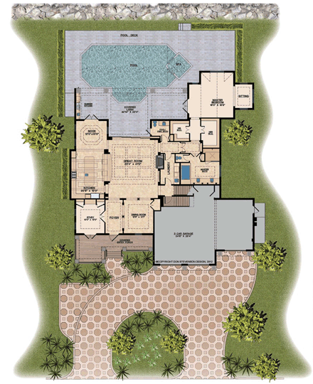 Florida House Plan 71520 with 4 Beds, 5 Baths, 3 Car Garage First Level Plan