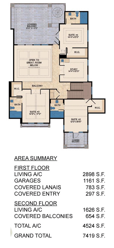 Florida House Plan 71520 with 4 Beds, 5 Baths, 3 Car Garage Second Level Plan