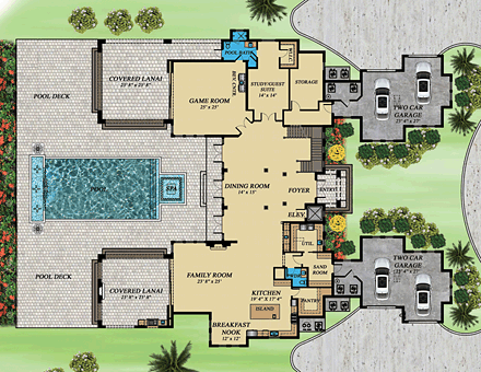 Florida, Mediterranean House Plan 71525 with 4 Beds, 5 Baths, 4 Car Garage First Level Plan