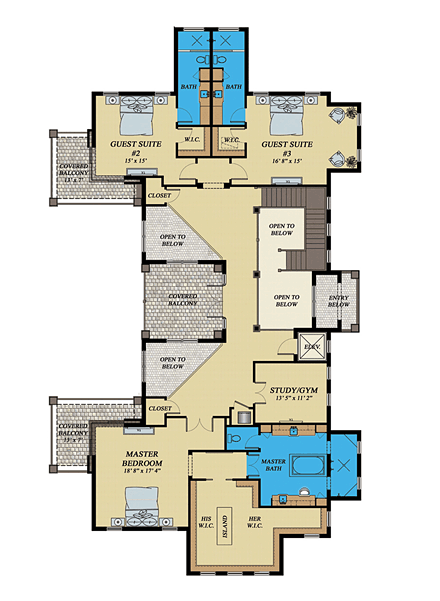 Florida, Mediterranean House Plan 71525 with 4 Beds, 5 Baths, 4 Car Garage Second Level Plan