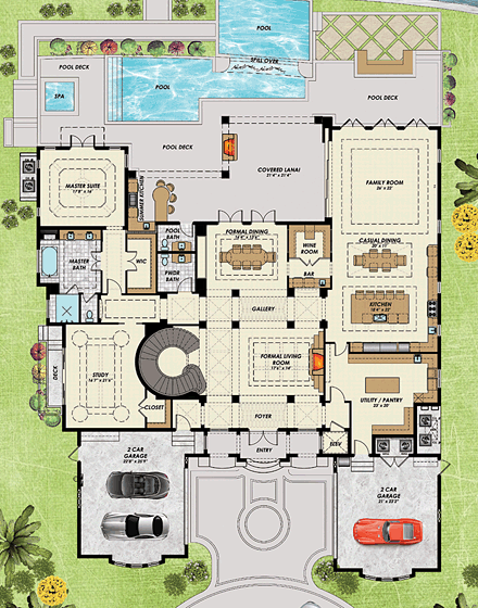 Florida, Mediterranean House Plan 71526 with 4 Beds, 7 Baths, 4 Car Garage First Level Plan