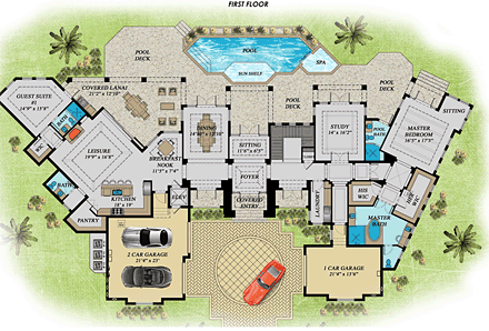 Florida, Mediterranean House Plan 71529 with 4 Beds, 6 Baths, 3 Car Garage First Level Plan