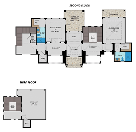 Florida, Mediterranean House Plan 71529 with 4 Beds, 6 Baths, 3 Car Garage Second Level Plan