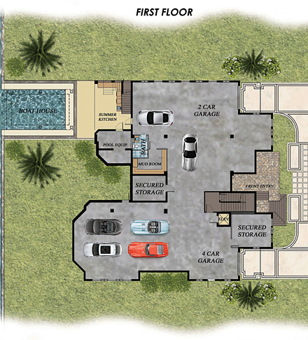 Florida, Mediterranean House Plan 71530 with 4 Beds, 8 Baths, 6 Car Garage First Level Plan