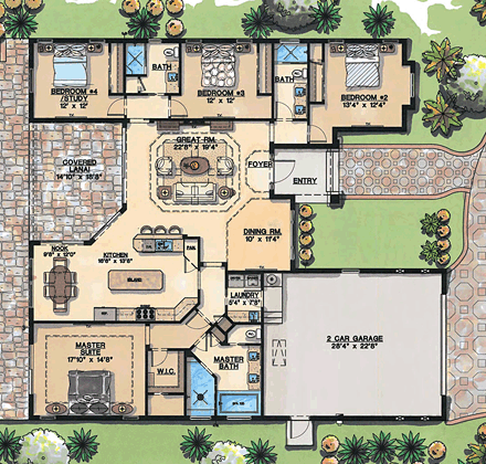 Florida, Mediterranean House Plan 71531 with 4 Beds, 3 Baths, 2 Car Garage First Level Plan