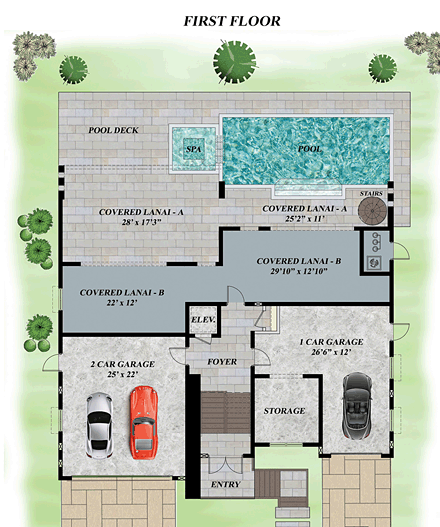 Contemporary, Modern House Plan 71533 with 3 Beds, 4 Baths, 3 Car Garage First Level Plan