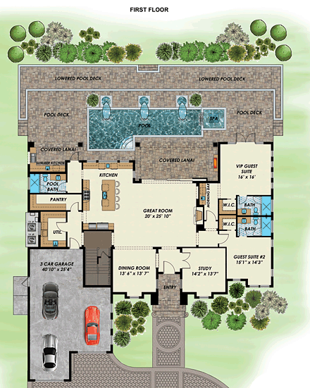Florida, Mediterranean House Plan 71534 with 4 Beds, 5 Baths, 3 Car Garage First Level Plan