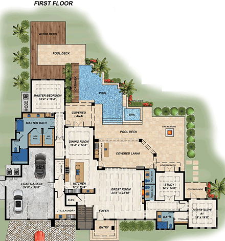 Contemporary, Modern House Plan 71535 with 4 Beds, 6 Baths, 3 Car Garage First Level Plan