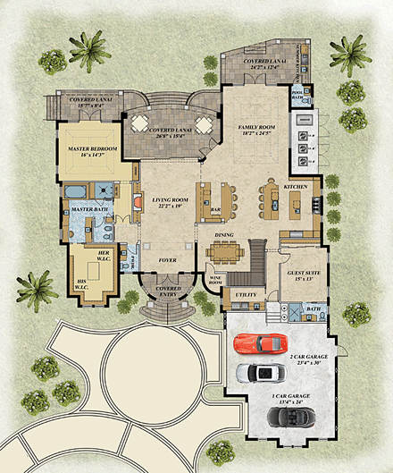 Florida, Mediterranean House Plan 71540 with 4 Beds, 7 Baths, 3 Car Garage First Level Plan