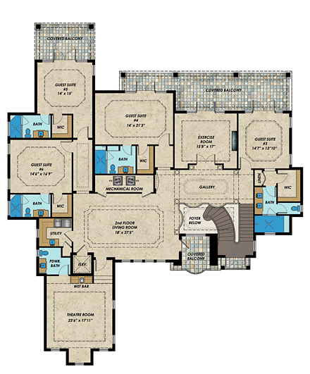 Mediterranean House Plan 71541 with 6 Beds, 8 Baths, 3 Car Garage Second Level Plan