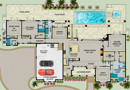Coastal, Contemporary, Florida House Plan 71544 with 3 Beds, 5 Baths, 2 Car Garage First Level Plan