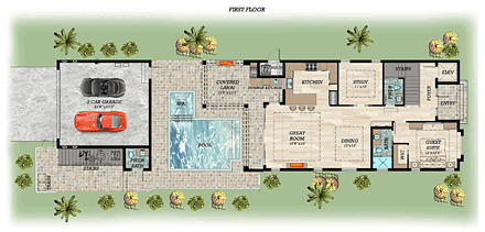 Coastal, Contemporary, Florida House Plan 71547 with 4 Beds, 5 Baths, 2 Car Garage First Level Plan