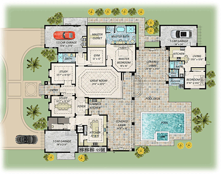 Coastal, Contemporary, Florida House Plan 71549 with 5 Beds, 7 Baths, 3 Car Garage First Level Plan