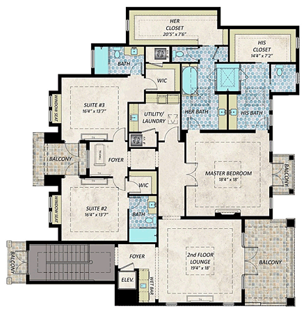 Coastal, Contemporary, Florida House Plan 71549 with 5 Beds, 7 Baths, 3 Car Garage Second Level Plan