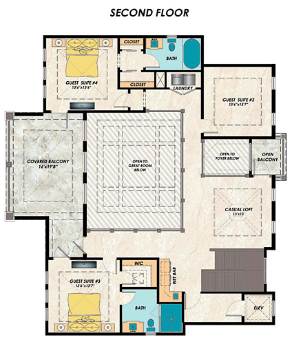 Coastal, Contemporary House Plan 71551 with 4 Beds, 6 Baths, 3 Car Garage Second Level Plan