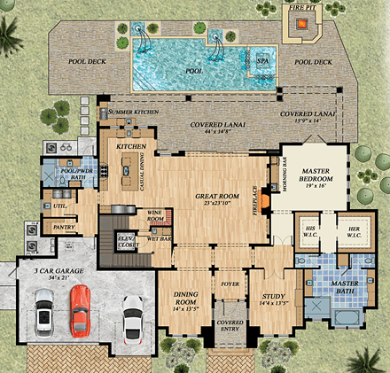 Coastal, Florida, Mediterranean House Plan 71552 with 4 Beds, 5 Baths, 3 Car Garage First Level Plan