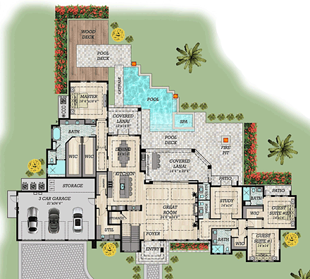 Contemporary, Modern House Plan 71554 with 6 Beds, 7 Baths, 3 Car Garage First Level Plan