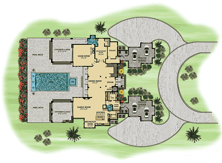Coastal, Contemporary, Florida House Plan 71558 with 4 Beds, 5 Baths, 4 Car Garage First Level Plan
