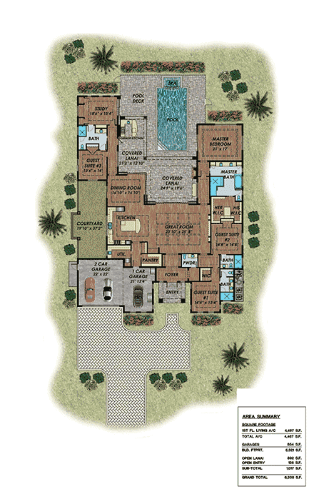 Coastal, Contemporary, Florida House Plan 71565 with 4 Beds, 5 Baths, 3 Car Garage First Level Plan