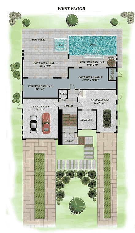 Contemporary House Plan 71566 with 3 Beds, 4 Baths, 3 Car Garage First Level Plan