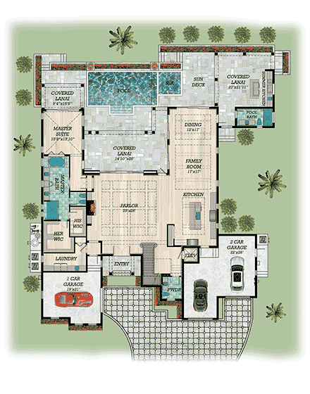 Coastal, Contemporary House Plan 71567 with 4 Beds, 6 Baths, 3 Car Garage First Level Plan