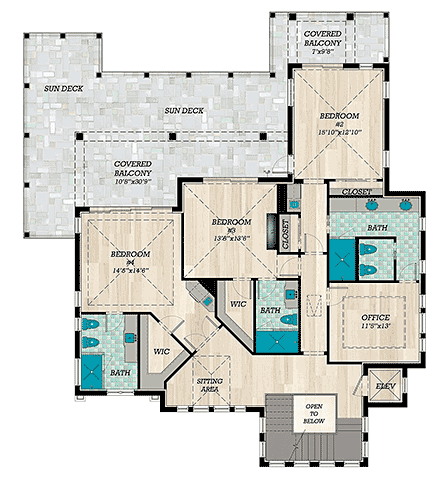 Coastal, Contemporary House Plan 71567 with 4 Beds, 6 Baths, 3 Car Garage Second Level Plan