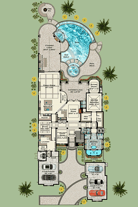 European, Florida, Mediterranean, Modern House Plan 71568 with 5 Beds, 7 Baths, 5 Car Garage First Level Plan