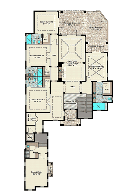 European, Florida, Mediterranean, Modern House Plan 71568 with 5 Beds, 7 Baths, 5 Car Garage Second Level Plan