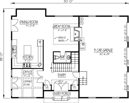 House Plan 71904 with 3 Beds, 3 Baths, 3 Car Garage First Level Plan