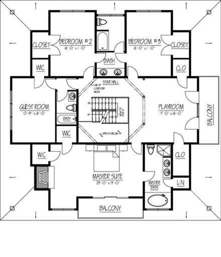 House Plan 71906 with 4 Beds, 4 Baths, 2 Car Garage Second Level Plan
