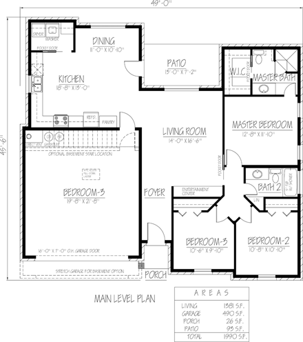 Ranch, Southwest House Plan 71918 with 3 Beds, 2 Baths, 2 Car Garage First Level Plan