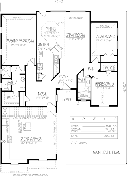 Ranch, Southwest House Plan 71919 with 3 Beds, 2 Baths, 2 Car Garage First Level Plan