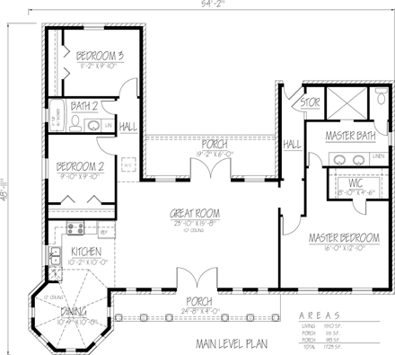 Ranch, Southwest House Plan 71924 with 3 Beds, 2 Baths First Level Plan