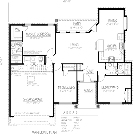 Ranch, Southwest House Plan 71927 with 3 Beds, 2 Baths, 2 Car Garage First Level Plan