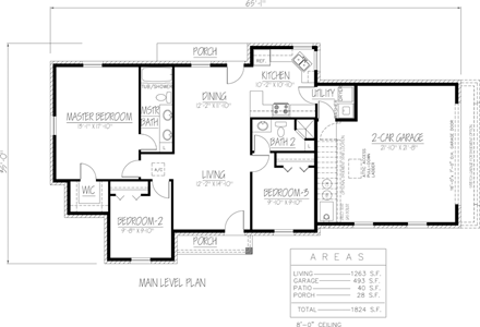 Ranch, Southwest House Plan 71928 with 3 Beds, 2 Baths, 2 Car Garage First Level Plan