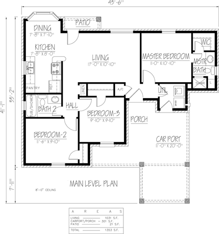 Ranch House Plan 71929 with 3 Beds, 2 Baths, 1 Car Garage First Level Plan
