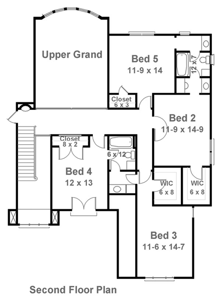 European, Greek Revival House Plan 72002 with 5 Beds, 3 Baths, 2 Car Garage Second Level Plan