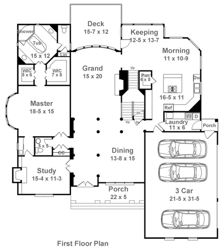 Greek Revival, Tudor House Plan 72041 with 4 Beds, 4 Baths, 3 Car Garage First Level Plan