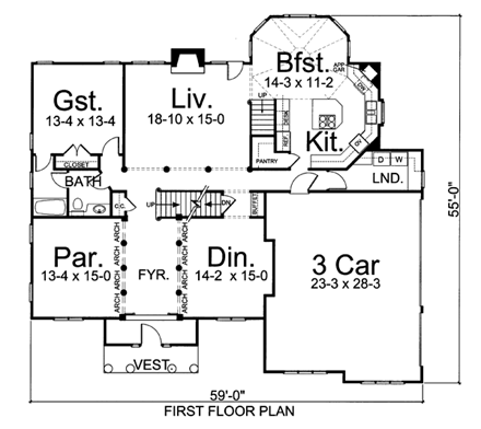 European, Greek Revival House Plan 72056 with 5 Beds, 4 Baths, 3 Car Garage First Level Plan